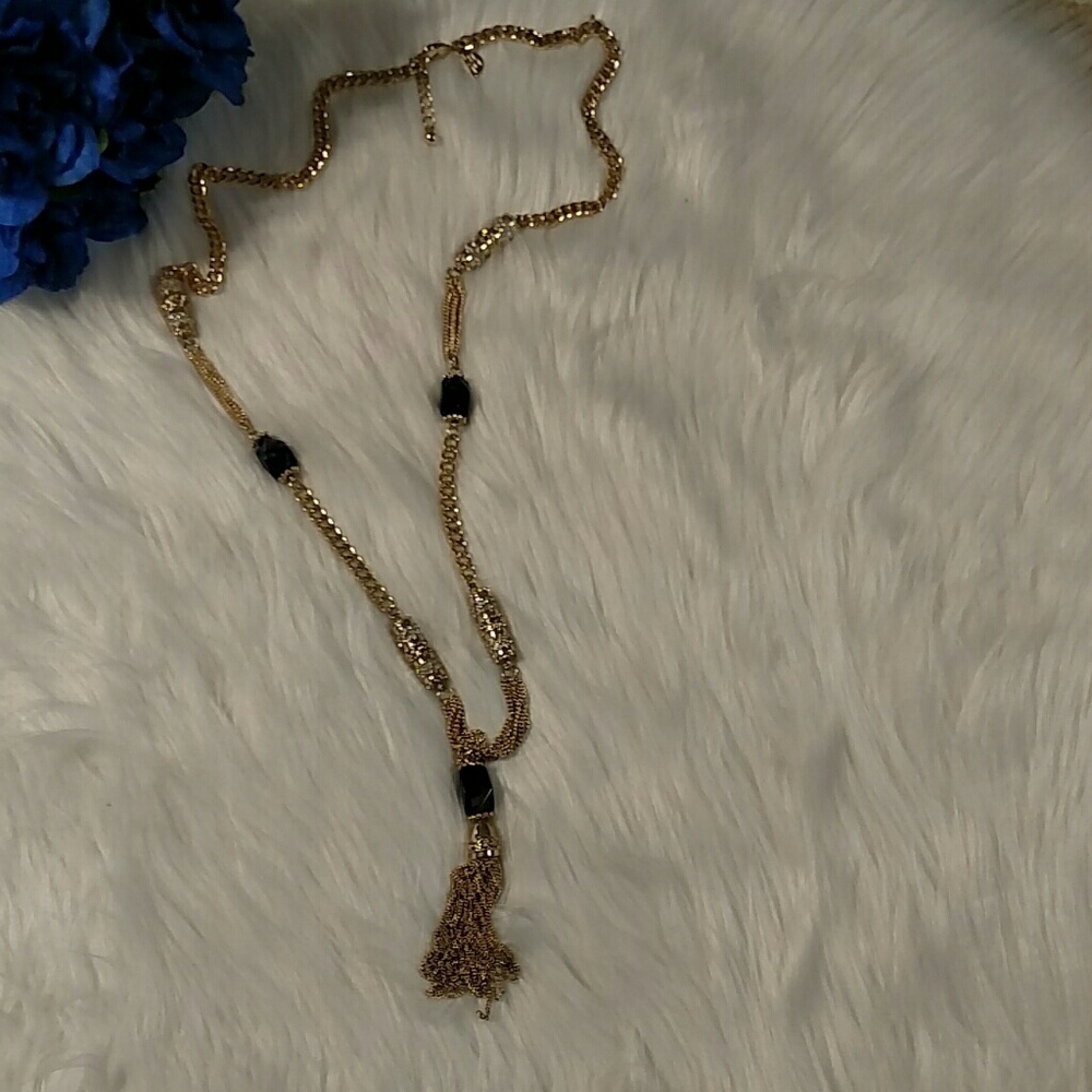 White House Black Market Blue Stone Gold Chain Tassel Necklace With Rhinestones